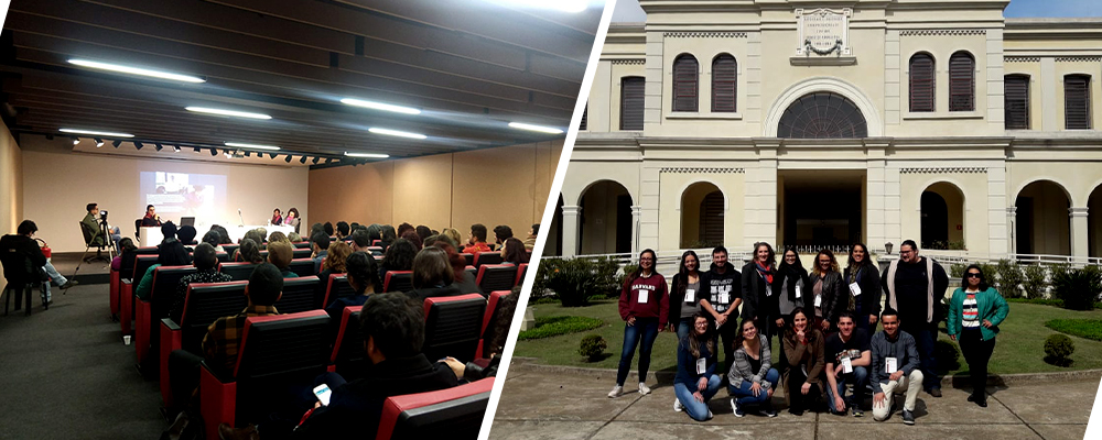 #PraCegoVer - Descrição da imagem para cegos: A foto da esquerda mostra um auditório fechado repleto de pessoas sentadas em poltronas vermelhas. Todas estão de costas. No fundo da imagem há um palco com uma mesa formada por quatro componentes, atrás deles há um telão com uma apresentação sendo projetada. A imagem da direira mostra as equipes da ACAM Portinari posando para a foto. Elas estão em local aberto, em frente ao Museu de Imigração. Alguns dos participantes estão de pé e outros agachados, todos usam crachás.