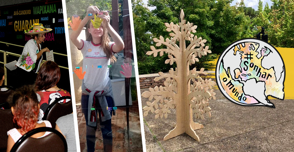 #PraCegoVer - Descrição da imagem para cegos: o moisaco de fotos revela três imagens: na primeira aparece uma mulher com chapéu e roupas floridas falando com crianças sentadas no auditório; na segunda aparece uma adolescente, de uniforme escolar, pendurando um recorte, em formato de mão, num varal da ação; e a última foto mostra uma árvore feita de madeira no jardim do Museu Felícia Leirner.