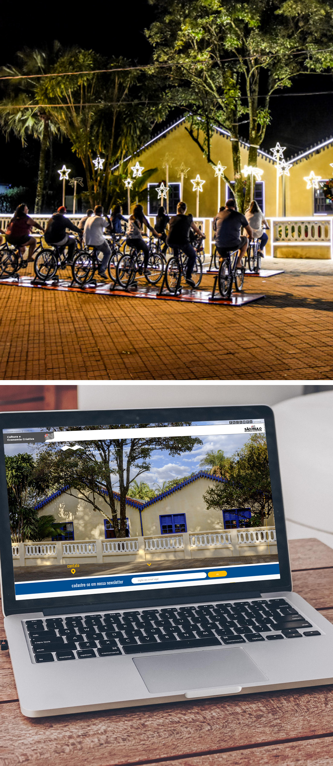 #PraCegoVer - Descrição da imagem para cegos: a foto mostra a fachada do Museu Casa de Portinari decorada com diversas luzes, algumas formam estrelas. À frente está um grupo de pessoas pedalando bicicletas, essa ação faz com que as luzes do local se acendam.

#PraCegoVer - Descrição da imagem para cegos: a imagem mostra um notebook aberto na página do Museu.
