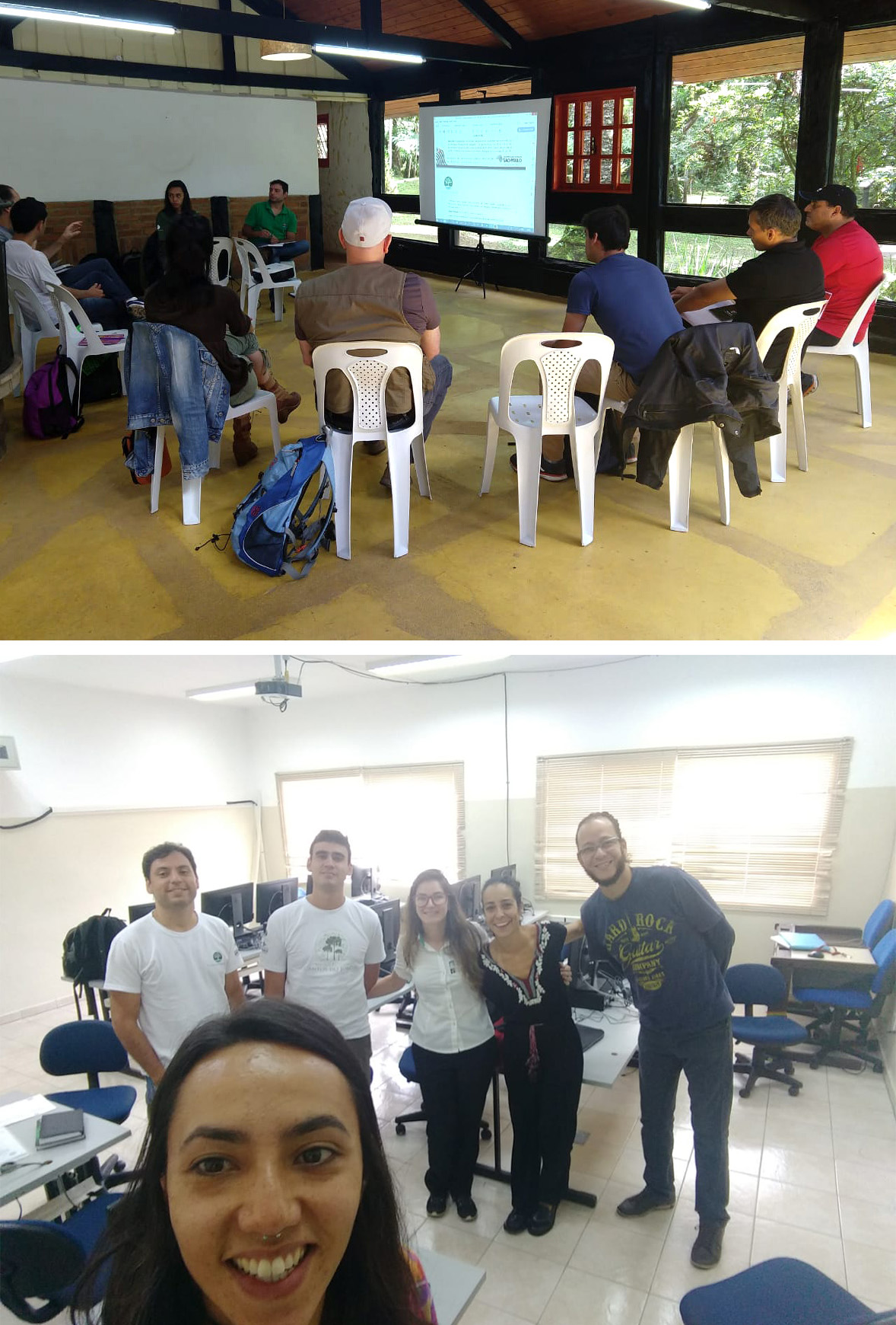 A foto mostra um grupo de pessoas reunidas em uma sala com paredes transparentes e teto de madeira. As pessoas estão sentadas em cadeiras brancas, olhando para um telão.
A segunda imagem é uma selfie dos participantes de uma das reuniões do grupo. Eles estão em uma sala de aula, com cadeiras azuis, mesas brancas e computadores pretos.