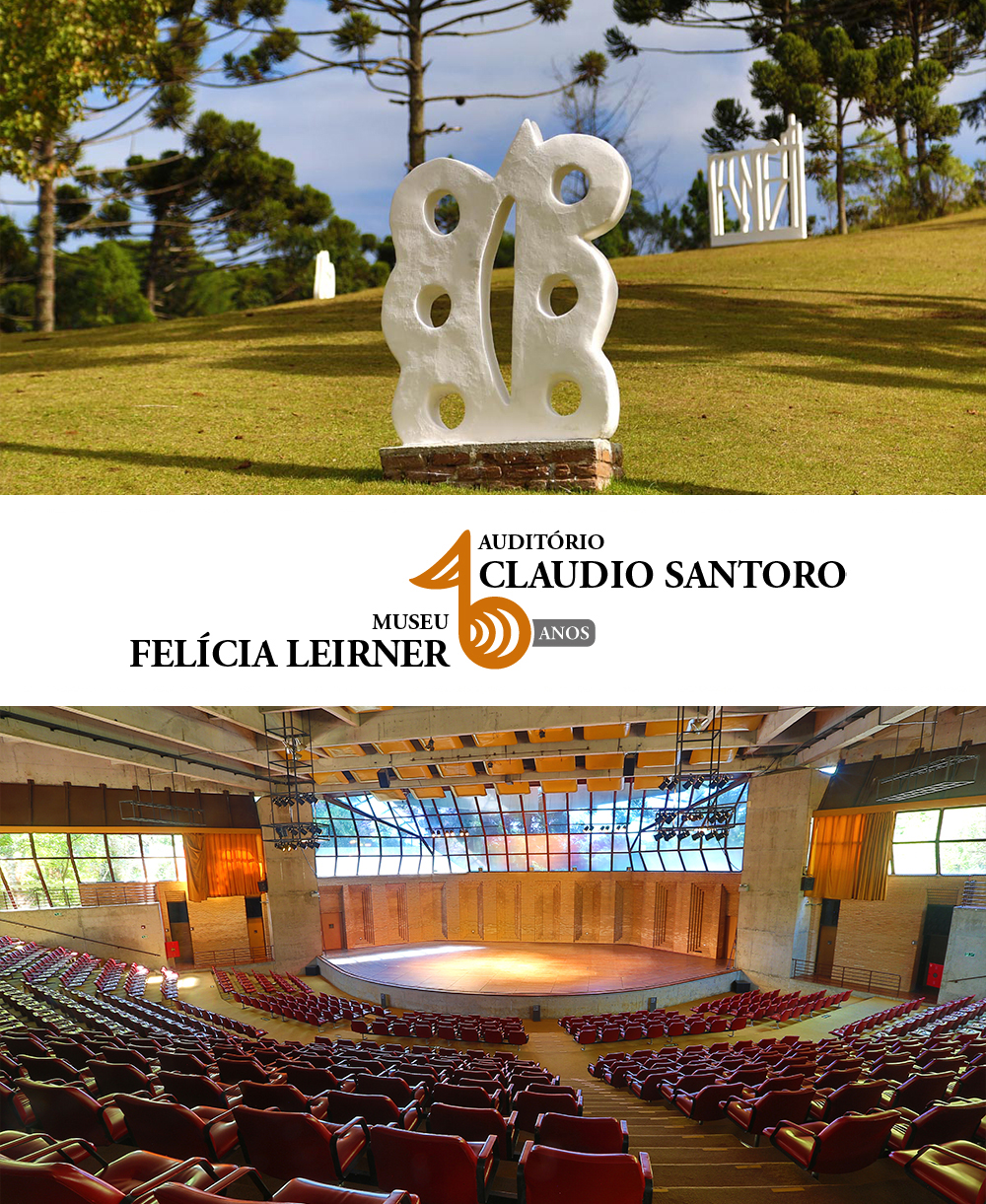 A Imagem traz uma foto de uma das esculturas do Museu Felícia Leirner e outra imagem do Auditório Claudio Santoro. Entre as fotos,  está o selo comemorativo dos 40 anos das instituições. O selo possui o número 40 na cor laranja, com formato alusivo à uma nota musical.
