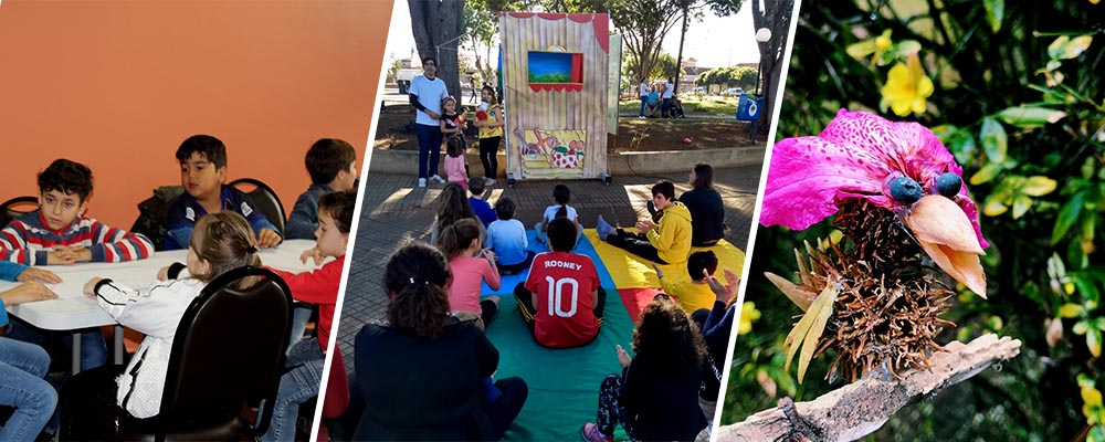 1. A foto mostra diversas crianças sentadas à mesa produzindo atividades da programação de férias.
2. A imagem mostra crianças na esplanada do Museu. No local, há um painel de madeira para um teatro de fantoches. À frente estão sentadas, no chão e em cima de um tapete colorido, diversas crianças.
3. A foto mostra um pássaro “produzido” na oficina Construindo Pássaros. Ele é feito de sementes e flores, a “pelagem” da cabeça possui tom de rosa pink e os olhos têm a cor azul.