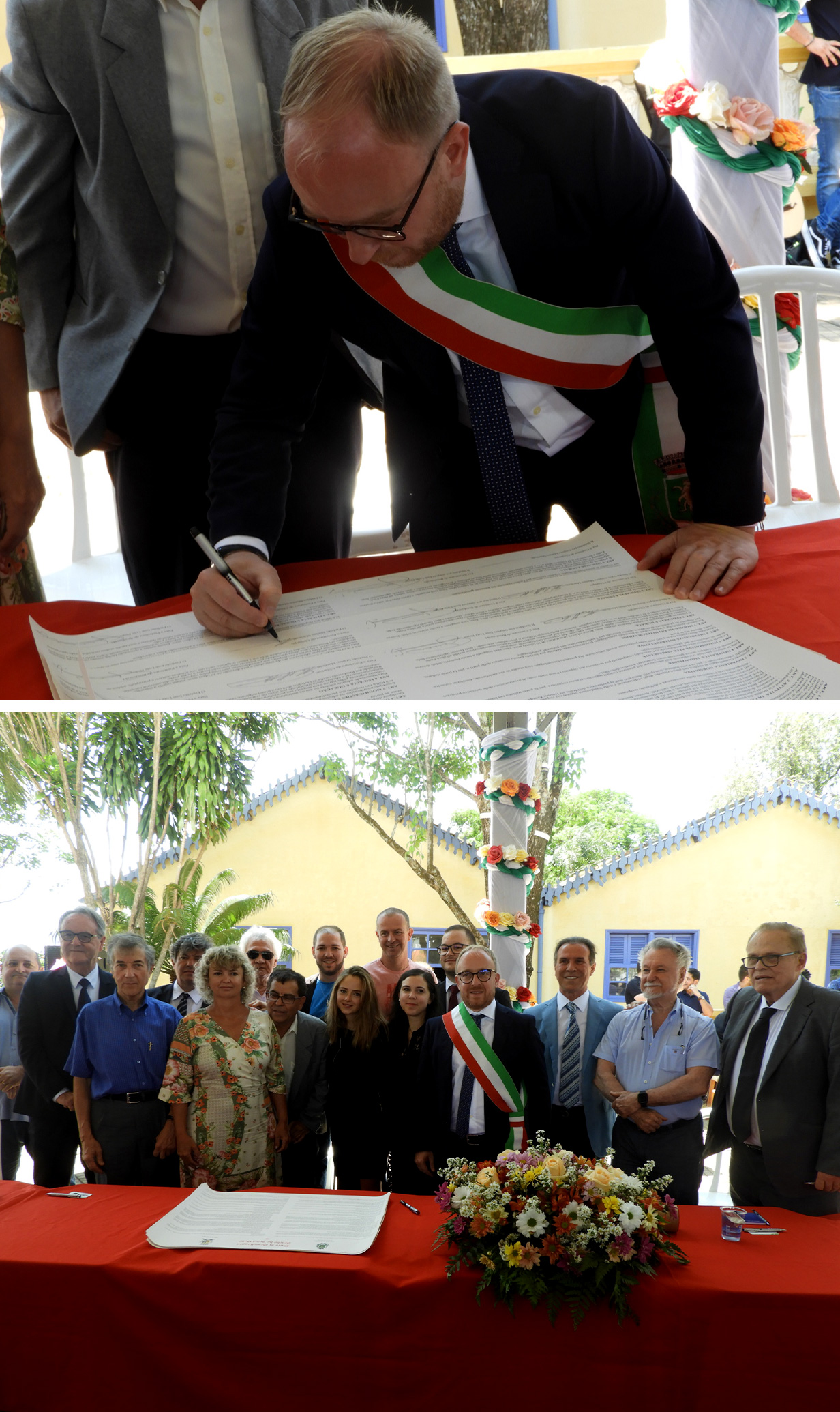 #PraCegoVer - Descrição da imagem para cegos: a primeira foto mostra o prefeito de Chiampo assinando uma folha. Ele está debruçado sobre uma mesa e veste blazer preto, camisa branca e uma faixa com as cores da Itália. A segunda imagem mostra todas as autoridades participantes do evento posando para fotos. Elas estão de pé e atrás de uma mesa extensa e bastante decorada com flores. Atrás delas está a o Museu.