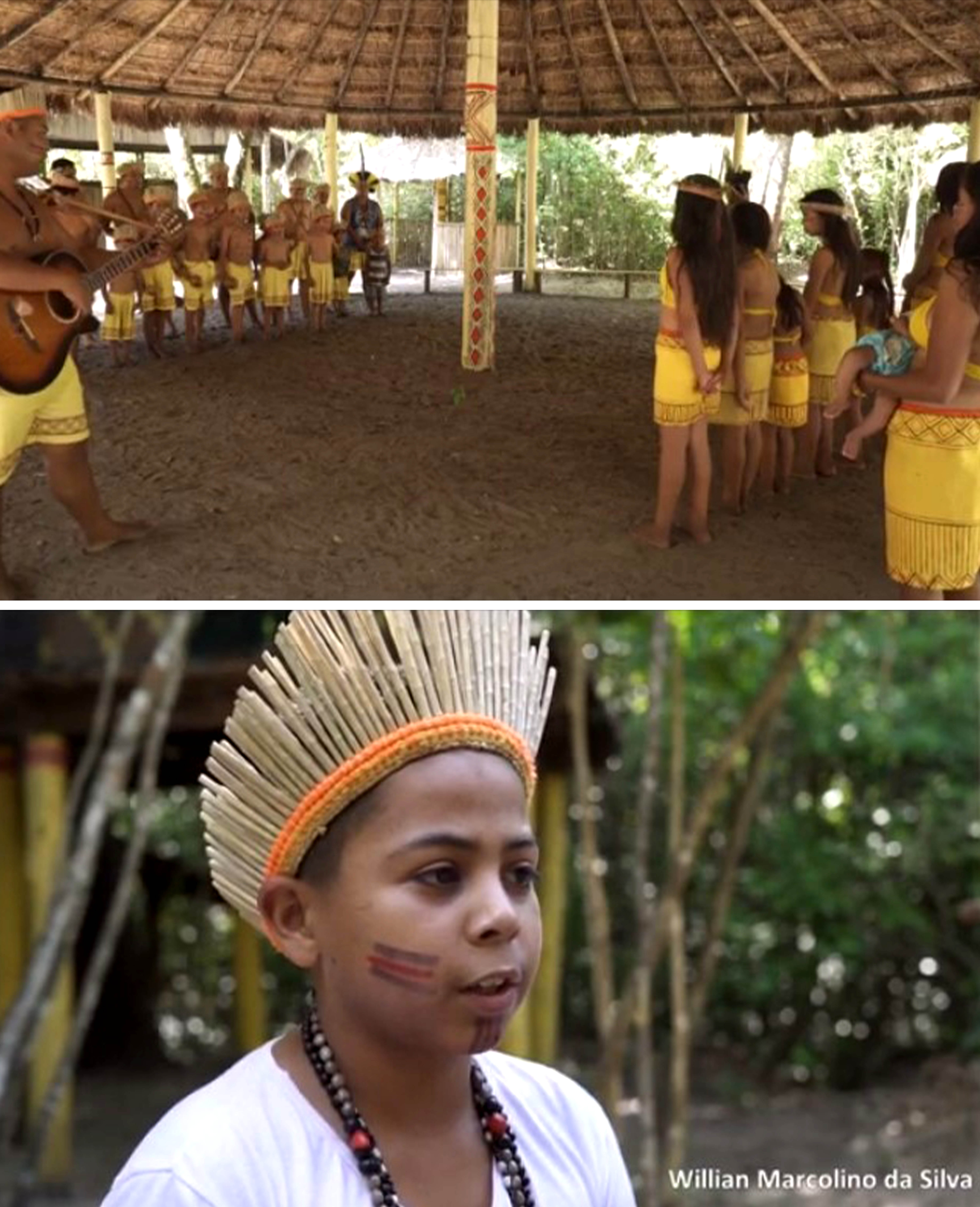 #PraCegoVer - Descrição da imagem para cegos: a imagem mostra um grupo indígena, com roupas amarelas, dançando em círculo em um espaço aberto, porém coberto. A segunda foto mostra um menino indígena com um cocar colorido na cabeça e o rosto pintado. Atrás dele estão várias árvores.