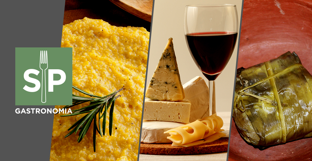 #PraCegoVer - Descrição da imagem para cegos: a imagem mostra uma composição de três fotos:  a primeira é uma polenta, a segunda queijos com uma taça de vinho e a última o prato Hihi, embrulhado numa folha de bananeira. Na lateral esquerda, está o logo do SP Gastronomia.