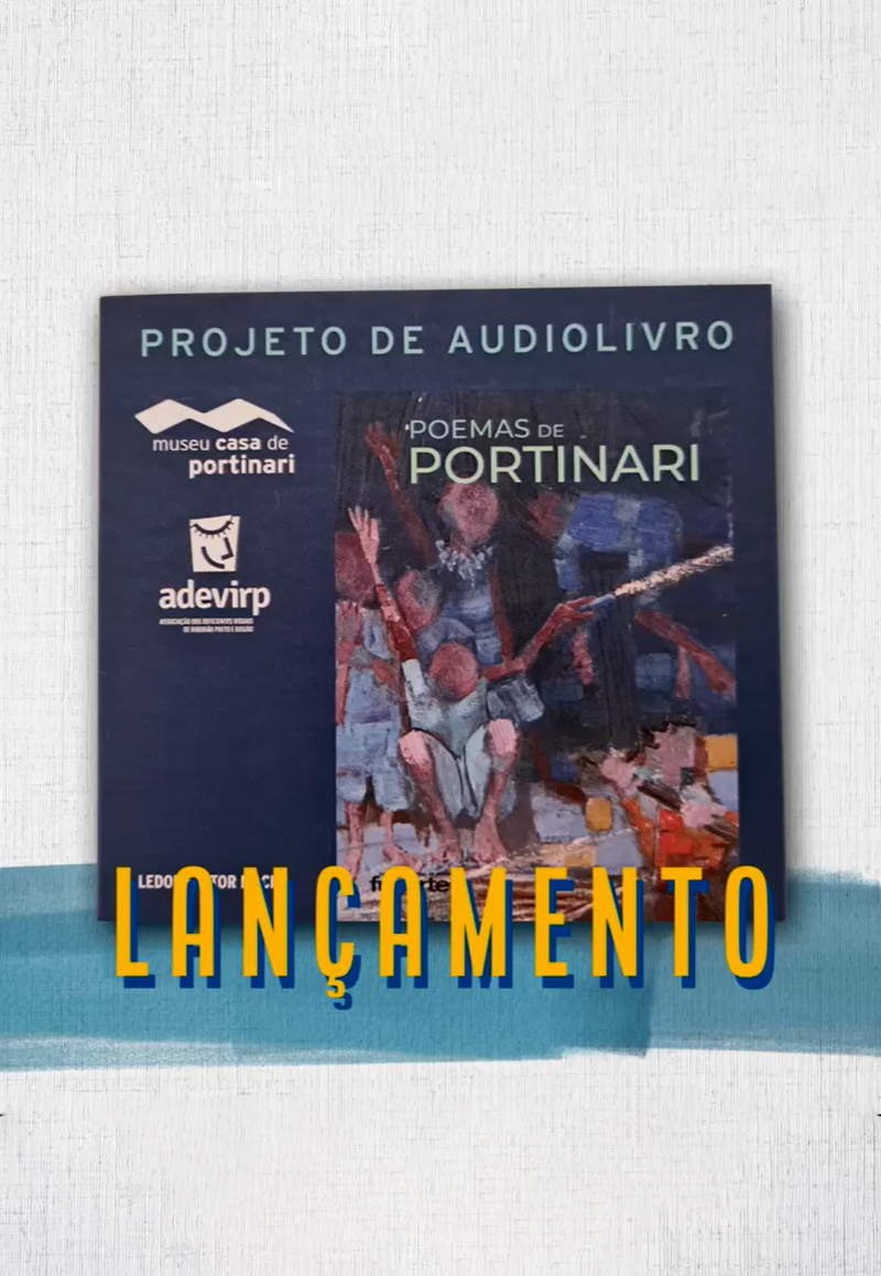 #PraCegoVer - Descrição da imagem para cegos: a imagem mostra, em fundo claro, o audiolivro. Ele é quadrado, em formato de capa de CD, e tem uma obra de Portinari na capa. Por cima, na arte, está escrito "Lançamento".