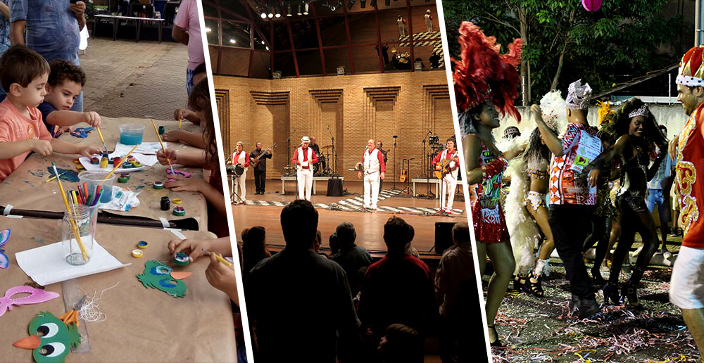 #PraCegoVer - Descrição da imagem para cegos: a imagem é composta por três fotos. A primeira mostra crianças sentadas numa mesa e pintando máscaras de Carnaval; a segunda mostra um grupo musical em cima do palco e com a plateia aparecendo de costas; e a última, uma festa na rua com sambistas dançando em destaque.