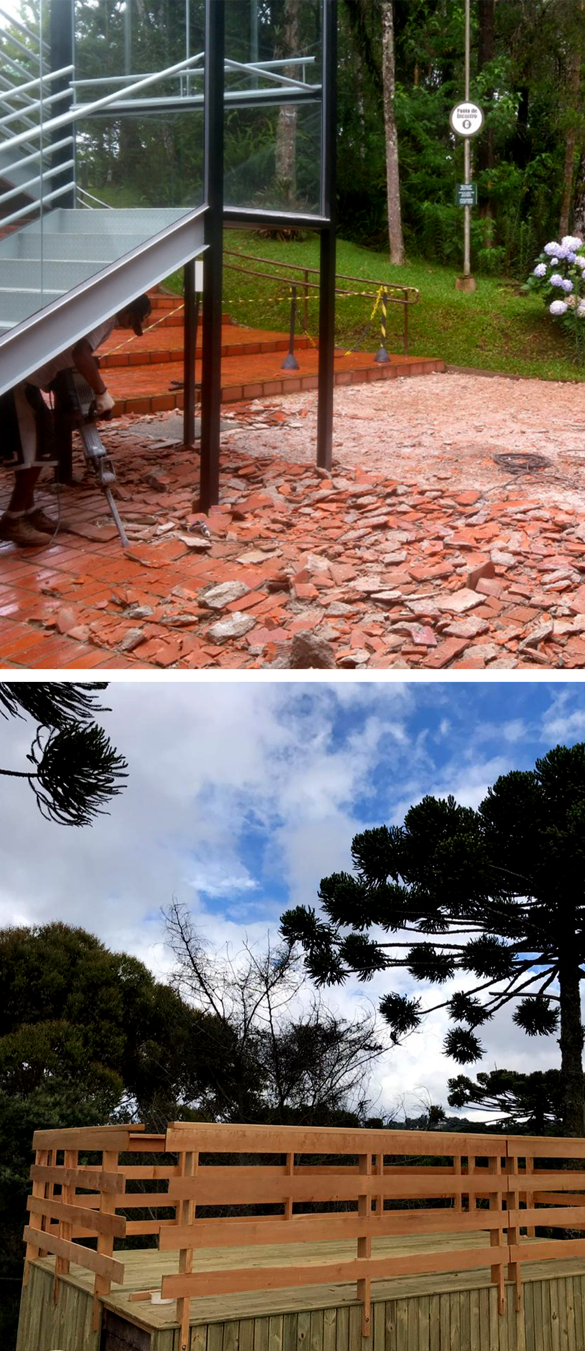 #PraCegoVer - Descrição da imagem para cegos: a primeira imagem mostra um local aberto e arborizado com o chão sendo construído com pedras. Ao lado há uma escada de ferro e fechada com vidro. A segunda foto mostra o deck do museu que foi reformado. Atrás dele estão diversas árvores e o céu está azul. 
