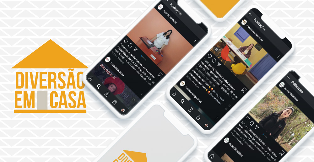 #PraCegoVer - Descrição da imagem para cegos: a arte mostra, em um fundo com triângulos cinzas, o logo da ação Diversão Em Casa à esquerda e ao lado vários celulares na diagonal. Em três deles aparecem, nas telas, a rede social de cada Museu. 