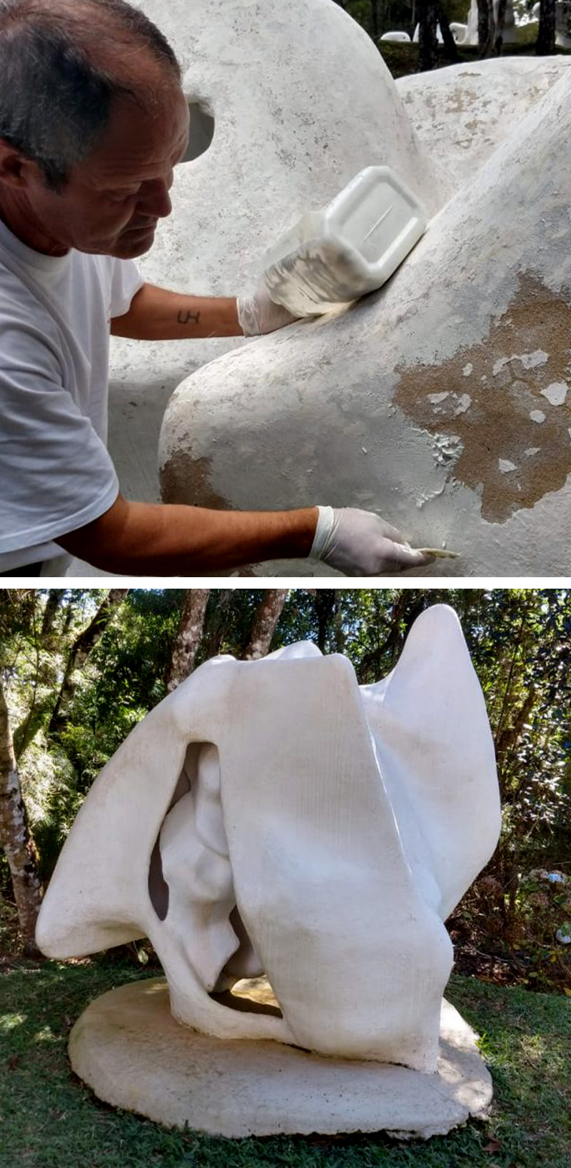 #PraCegoVer - Descrição da imagem para cegos: a primeira foto mostra um homem cuidando de uma obra do Museu. Ele está com luvas brancas e segurando um objeto em cada mão. A segunda imagem mostra uma obra de Felícia Leirner em meio ao jardim do Museu. A escultura é branca e grandiosa.
