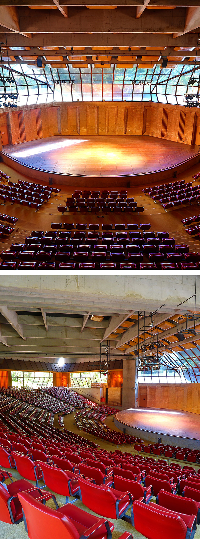 #PraCegoVer - Descrição da imagem para cegos: são duas imagens, uma sobre a outra. A primeira mostra o Auditório visto de cima, aparecem várias poltronas e o palco está iluminado. Tudo está vazio. Abaixo está outra foto do local, mas, dessa vez, visto na diagonal. Poltronas, palco e o teto de concreto podem ser visualizados.