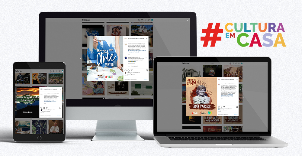 #PraCegoVer - Descrição da imagem para cegos: a arte mostra um tablet, um monitor e um notebook no centro. Cada um exibe na tela o conteúdo on-line de um museu. O fundo é branco e no topo do lado direito está o logo da campanha #CulturaEmCasa. 
