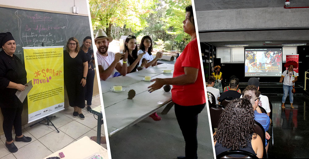 #PraCegoVer - Descrição da imagem para cegos: a montagem apresenta três fotos: a primeira mostra três mulheres em pé em frente a uma lousa de giz e com um painel escrito “Sonhar o Mundo” no meio delas; na segunda tem um grupo de pessoas sentado numa mesa e uma mulher à frente dele, em pé e falando; a última mostra pessoas, de costas, sentadas no auditório e com uma indígena falando à frente.