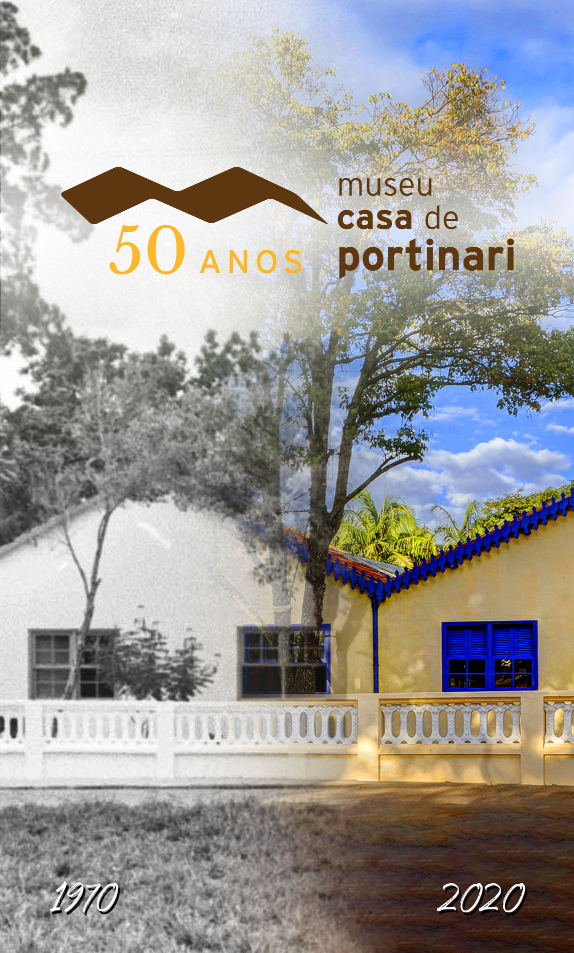 #PraCegoVer - Descrição da imagem para cegos: a imagem mostra a fachada do Museu de Portinari com metade preto e branco e a outra parte colorida. A diferença de cores ilustra a casa no passado e atualmente. No rodapé, aparecem as datas 1970 e 2020, respectivamente. No topo está o logo dos 50 anos e do Museu.