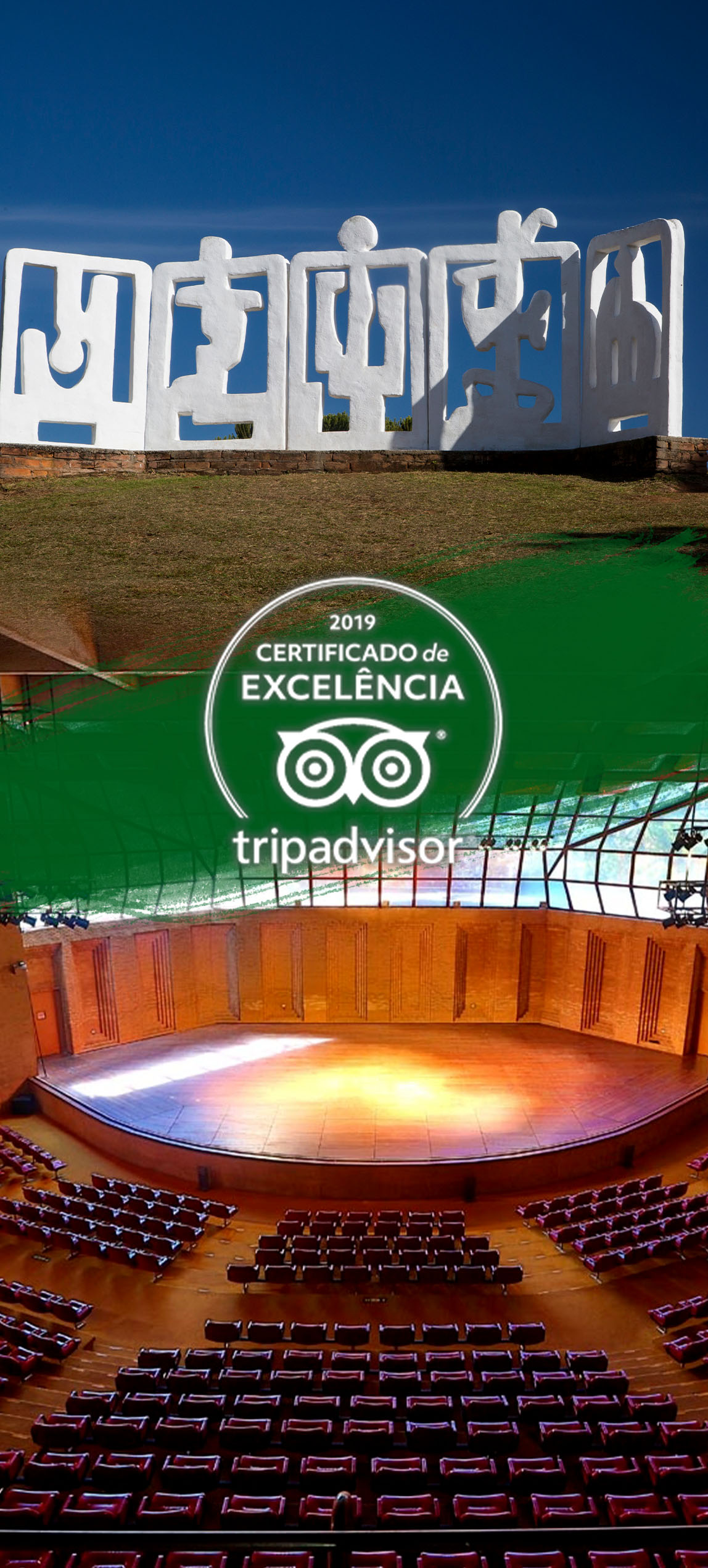 #PraCegoVer - Descrição da imagem para cegos: a arte mostra uma foto do Museu Felícia Leirner e outra do Auditório Claudio Santoro, que têm ao meio uma faixa verde ligando as duas. Ali está o logo do Trip Advisor e escrito “2019 – certificado de excelência”.