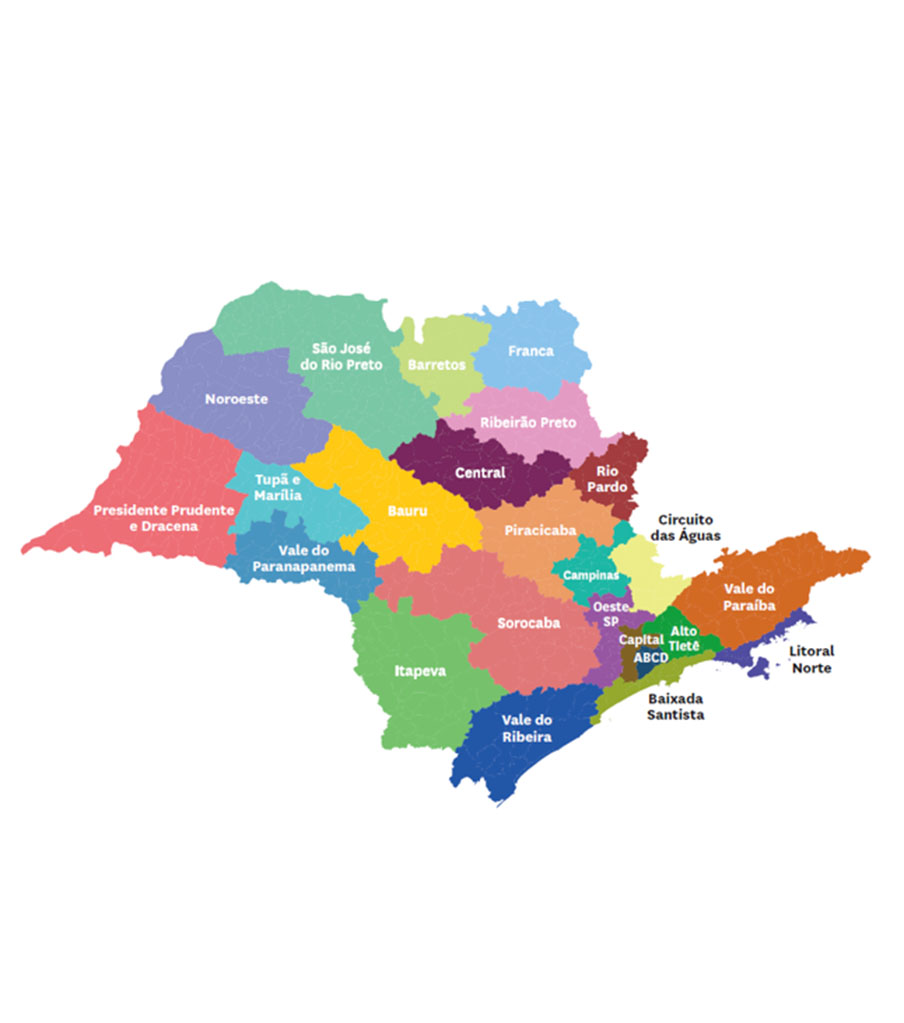 #PraCegoVer - Descrição da imagem para cegos: a arte mostra o estado de São Paulo dividido em regiões, cada uma está pintada de uma cor.