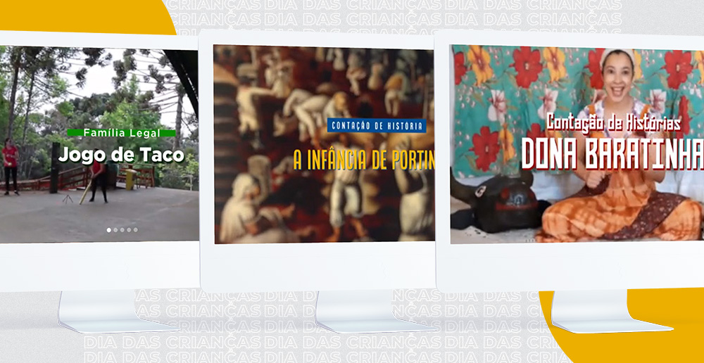 #PraCegoVer - Descrição da imagem para cegos: a imagem mostra três monitores de computador brancos, um ao lado do outro. Em cada tela aparece a imagem de um vídeo sendo reproduzido. A primeira mostra algumas pessoas brincando e por cima a frase "Família Legal - Jogo de Taco"; na segunda uma obra de Portinari ao fundo e acima o texto "Contação de História - A Infância de Portinari"; a última mostra uma mulher sentada à frente de uma parede florida e a frase "Contação de Histórias - Dona Baratinha" por cima.