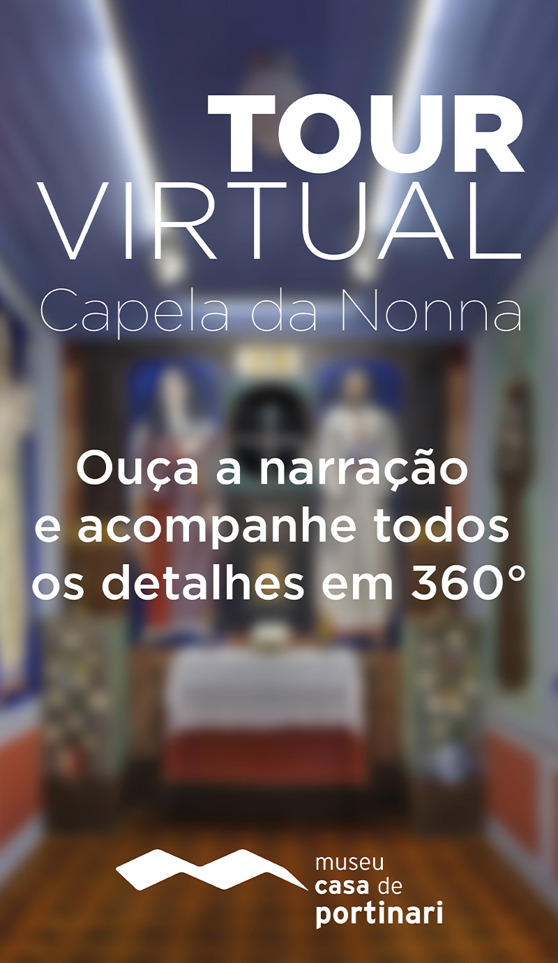 #PraCegoVer - Descrição da imagem para cegos: a arte mostra, ao fundo e desfocada, uma foto da Capela da Nonna. Por cima aparece a frase: "Tour Virtual - Capella da Nonna - ouça a narração e acompanhe todos os detalhes em 360°".