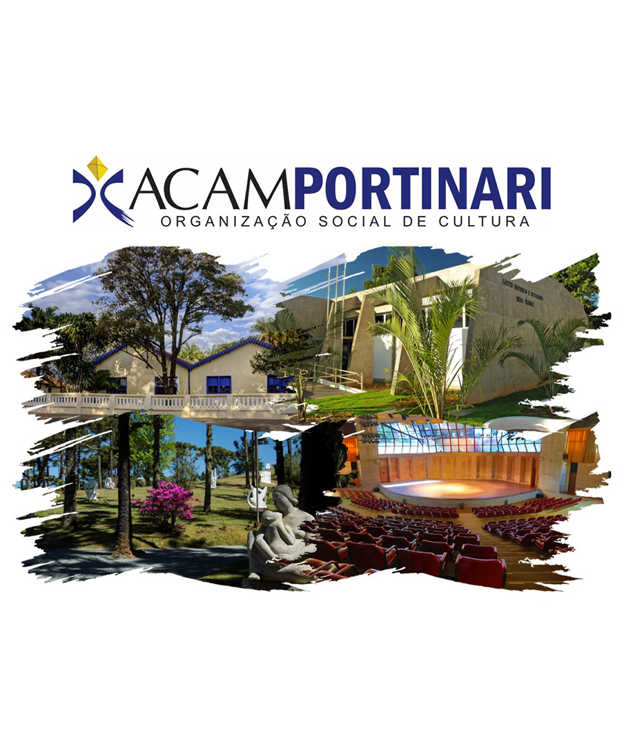 #PraCegoVer - Descrição da imagem para cegos: a arte mostra, ao centro, uma montagem com as fotos dos museus Casa de Portinari, Índia Vanuíre, Felícia Leirner e Auditório Claudio Santoro. No topo está o logo da ACAM Portinari.
