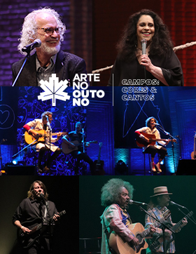 #PraTodosVerem – A imagem mostra uma montagem com fotos de artistas no palco do Auditório Claudio Santoro, realizando a "Série Arte no Outono - Campos: cores e cantos".