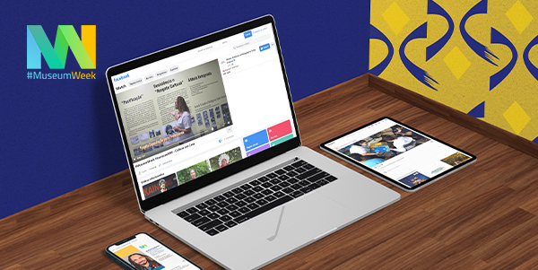 #PraTodosVerem – Arte com o título “MW #MuseumWeek” no canto superior esquerdo. A imagem mostra um notebook, um celular e um tablet sobre uma mesa marrom, abertos nas redes sociais do Museu Casa de Portinari, Museu Índia Vanuíre e Museu Felícia Leirner.