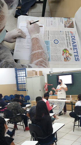 #PraTodosVerem – Montagem com duas fotos: a primeira mostra a lateral do corpo de uma menina, sentada, usando roupas adequadas para o manuseio de documentação. Ela está escrevendo em uma ficha que está sobre um jornal impresso. Já a segunda imagem exibe uma sala de aula com uma educadora fazendo palestra.
