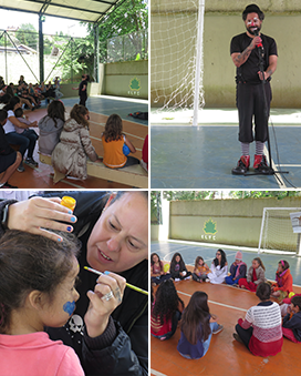 Quatro fotos da ação. Em sentido horário: crianças sentadas observando uma pessoa desenvolver uma apresentação; um palhaço; uma mulher pintando o rosto de uma criança; crianças sentadas em círculo participando de uma atividade.