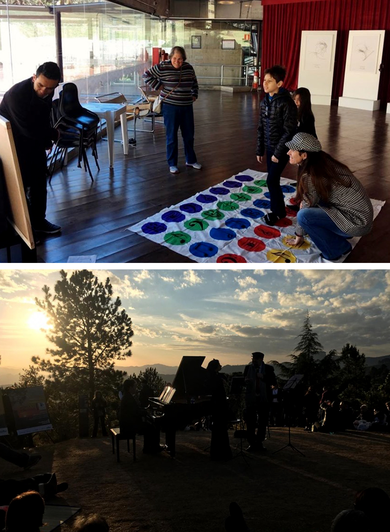 #PraCegoVer - Descrição da imagem para cegos: a primeira foto mostra um grupo de adultos e crianças brincando em uma das salas do museu. Eles estão jogando Twistter Musical, uma das atividades da programação do Férias no Museu. A segunda foto mostra um grupo de pessoas sentadas em roda numa área aberta, com muitas árvores e um céu azulado repleto de nuvens. Ao fundo está um pôr do sol, que é observado por todos. No centro das pessoas se apresentam um homem ao piano, e um casal que está em pé.