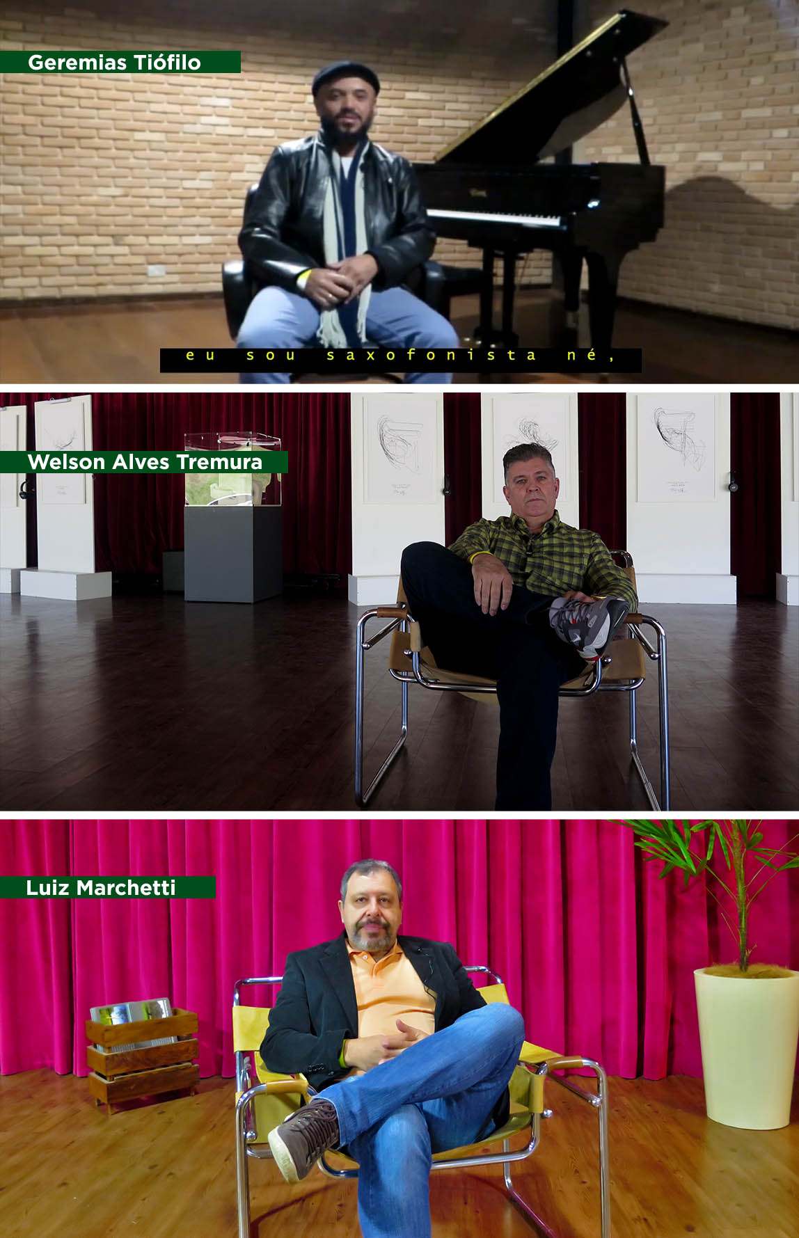 #PraCegoVer - Descrição da imagem para cegos: são três imagens e cada uma mostra um homem sentado numa cadeira e olhando para a câmera que está à frente. Todos estão em espaços do equipamento cultural.