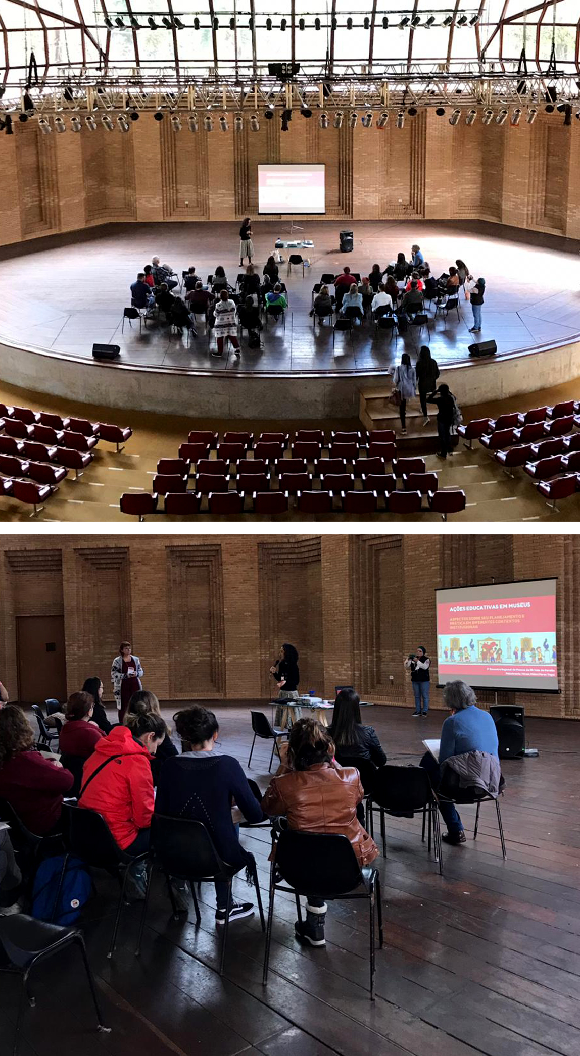 #PraCegoVer - Descrição da imagem para cegos: a foto mostra o Auditório Claudio Santoro de cima. A plateia está vazia e no palco há um grupo de pessoas sentadas observando um telão. A segunda imagem mostra em detalhe uma parte das pessoas que estão em cima do palco. À frente do grupo está mulher segurando um microfone e atrás dela um telão.