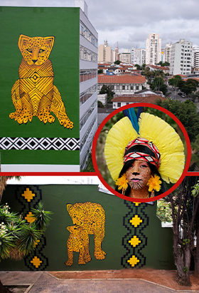 #PraTodosVerem – Montagem com três fotos: ilustração de uma onça na parede lateral do prédio do Museu das Culturas Indígenas, mostrando também árvores e parte da cidade, além de uma segunda imagem que apresenta uma onça olhando para o filhote. Em um círculo, ao centro, há a foto de uma mulher indígena.