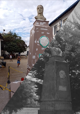 Montagem com duas fotos mostra o antes e o depois de um busto localizado numa praça arborizada. Na foto de antes, em preto e branco, falta a cabeça da estátua. Na foto de depois, colorida, o suporte do busto está pintado de bege, com traços verdes e pequenos reparos em branco, e o busto, também bege, está restaurado.