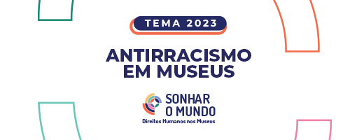 Imagem com fundo branco da identidade visual da Política Estadual de Museus de São Paulo, com a sigla PEMSP em roxo e azul e o nome do projeto em preto, escrito abaixo da sigla. Ao lado, à esquerda, imagem de ícones coloridos interligados por linhas pretas.