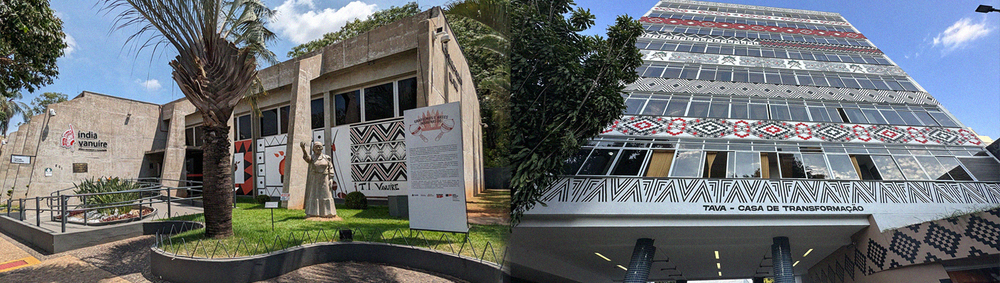 Imagem retangular, dividida em duas áreas. A primeira mostra a fachada do Museu Índia Vanuíre, a segunda mostra a fachada do Museu das Culturas Indígenas.