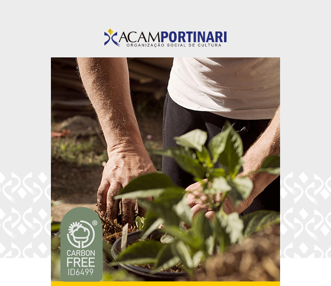 Na parte superior da imagem, sobre fundo claro, aparece o logotipo da ACAM Portinari – Organização Social de Cultura. Ao centro, uma fotografia em plano aproximado mostra as mãos de uma pessoa manuseando a terra e posicionando uma muda de planta em um vaso. A pessoa veste camiseta clara e calça escura, com o corpo parcialmente enquadrado, sem exibir o rosto. Em primeiro plano, folhas verdes ocupam a frente da imagem, levemente desfocadas, enquanto o foco está nas mãos em contato com o solo. O ambiente sugere um espaço externo, com iluminação natural e elementos de jardim ao redor. No canto inferior esquerdo, há o selo “Carbon Free” com identificação numérica.