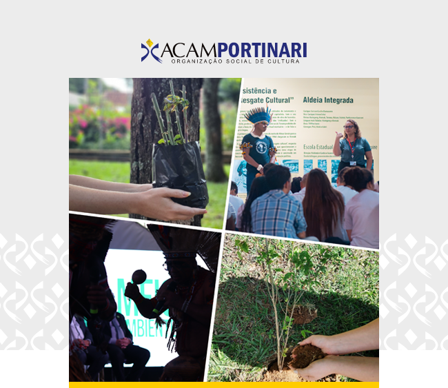 Imagem com o logotipo da ACAM Portinari centralizado na parte superior, sobre fundo claro. Abaixo, quatro fotografias formam um mosaico em duas fileiras cruzadas por linhas diagonais. No canto superior esquerdo, mãos seguram um pequeno saco de mudas em área arborizada. No superior direito, um homem, com um adorno tradicional indígena na cabeça, e uma mulher conversam com um grupo de estudantes diante de um painel educativo. No canto inferior esquerdo, silhuetas de pessoas indígenas aparecem em apresentação cultural, com um chocalho em destaque. No inferior direito, mãos acomodam terra ao redor de uma muda recém-plantada sobre o gramado. Elementos gráficos da identidade visual da ACAM contornam a imagem nas laterais, com uma faixa amarela na base.
