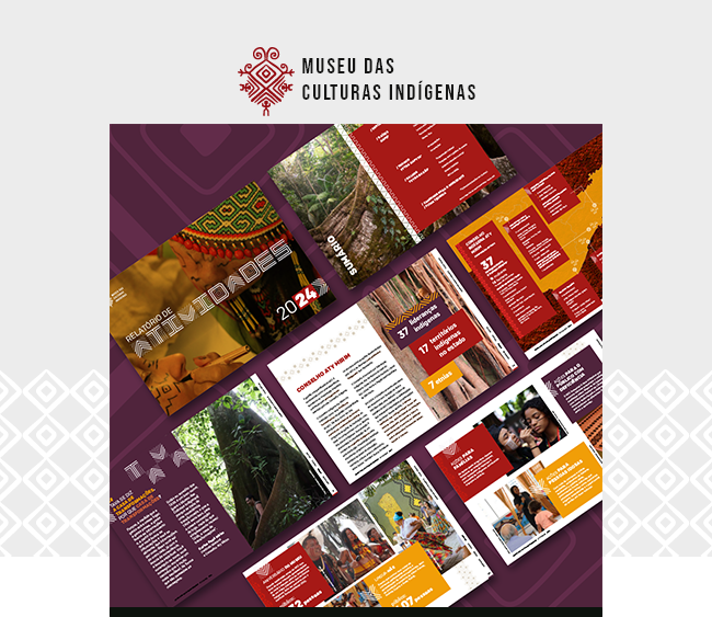 Imagem com o logotipo do Museu das Culturas Indígenas centralizado na parte superior, sobre fundo claro com grafismos nas laterais. Abaixo, composição de duas imagens sobrepostas: na imagem ao fundo, mais opaca, a fachada do museu aparece com sua pintura característica de padrões indígenas em preto, branco e vermelho; na imagem à frente, no centro, um close em tom amarelado de pessoa com pintura facial e colar de miçangas coloridas, sobreposto pelo texto “Relatório de Atividades” em tipografia estilizada. Na parte inferior da imagem de fundo é possível ver a inscrição Tava – Casa de Transformação.