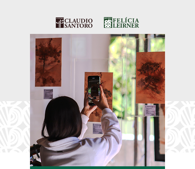 Na parte superior da imagem, os logotipos do Auditório Claudio Santoro e do Museu Felícia Leirner aparecem centralizados sobre um fundo cinza claro, com elementos gráficos brancos nas laterais. Abaixo, a fotografia registra o momento em que uma visitante, de costas, usando blusa clara, fotografa com o celular as obras expostas em uma vitrine de vidro. As imagens exibidas têm tons terrosos e retratam elementos da natureza, como árvores. Ao fundo, a luz natural ilumina o ambiente, criando reflexos e destacando a integração do espaço com a paisagem externa.