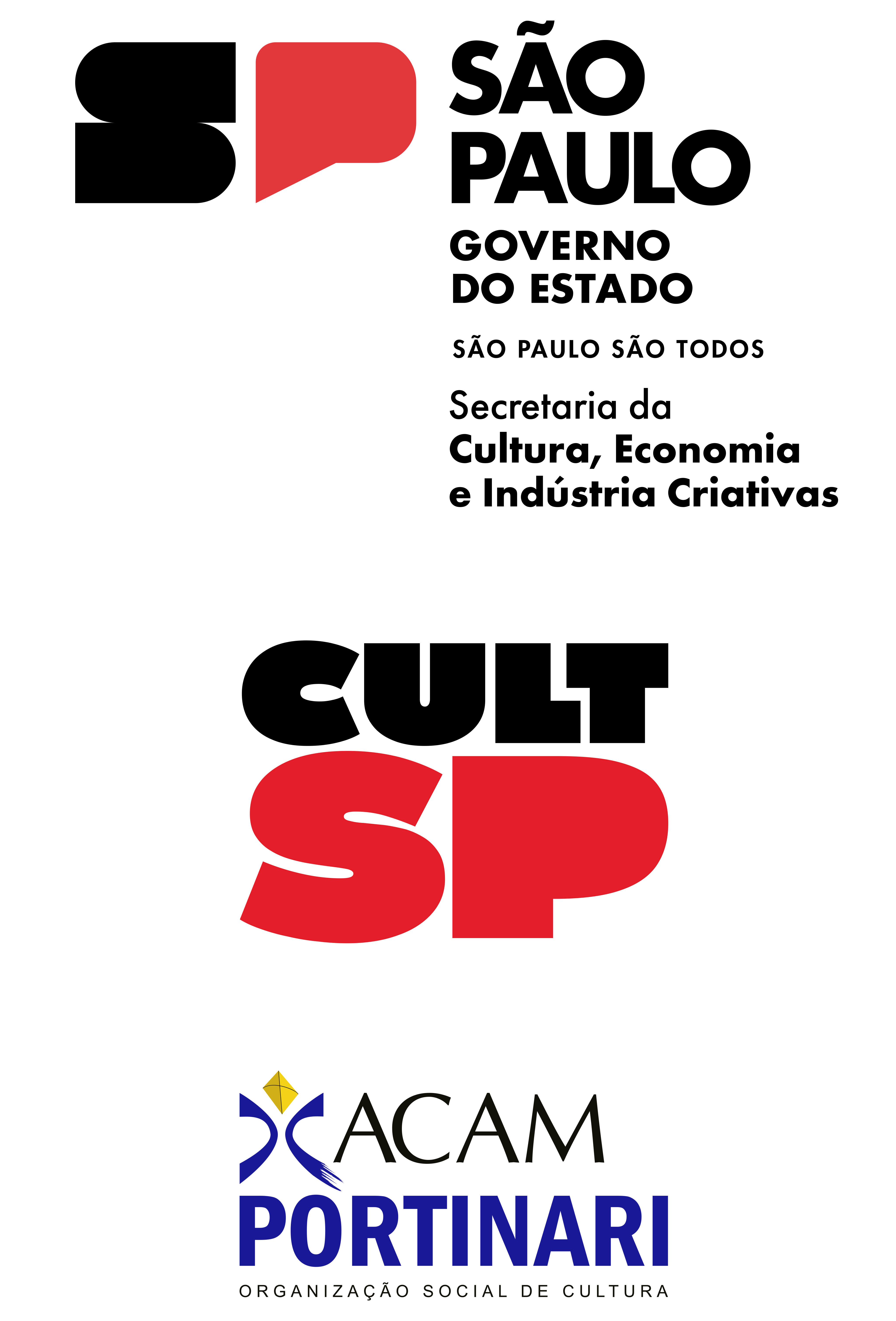 Logo ACAM Portinari, Logo CultSP e Logo Secretaria da Cultura, Economia e Indústria Criativas - Governo do Estado de São Paulo